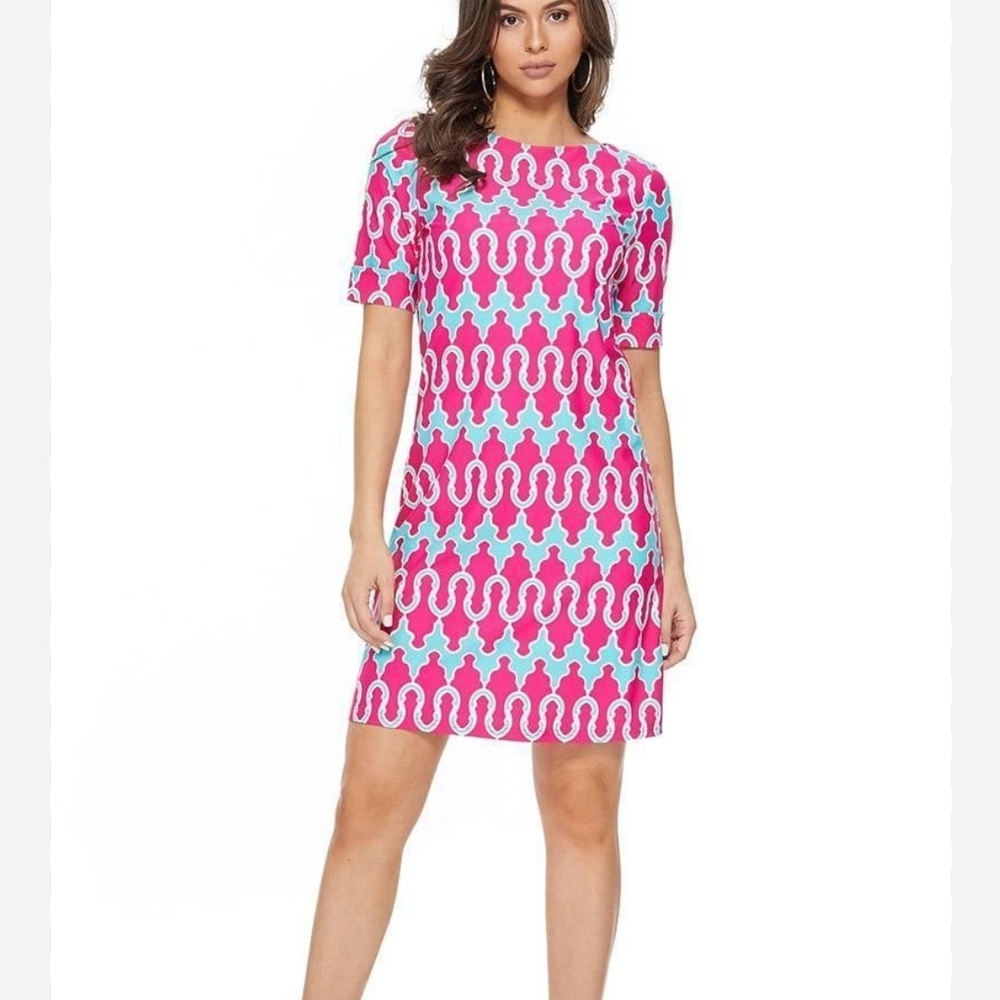 Axyeh Retro Pink & Turquoise Geometric M Shift Dress
